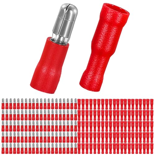 Editbar 100 Stück 0.5-1.5mm² Kabelschuhe – Rundstecker Rot und Rundsteckhülsen Rot für KFZ, Motorrad, Elektrik, Quetschverbinder, Isolierte Schnellverbinder aus Kupfer mit PVC Hülle von Editbar