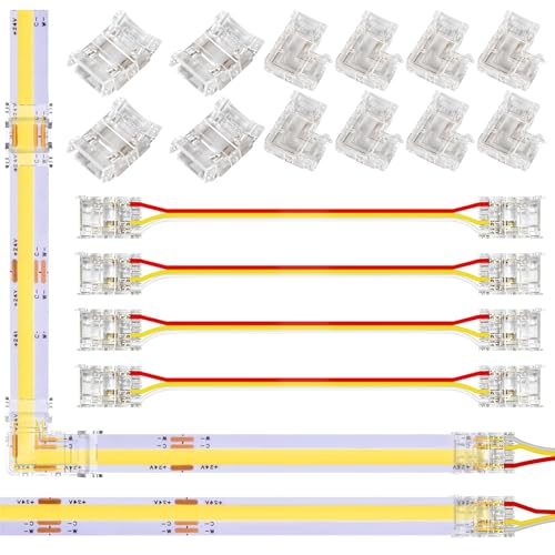 Editbar CCT COB LED Streifen Steckverbinder Set für 3Pin 10MM Breite COB Streifen, 4 Stück Transparente Lückenlose Mittelverbinder,8 Stück L-Form, und 4 Stück Dual-End Verlängerungsdrähte von Editbar