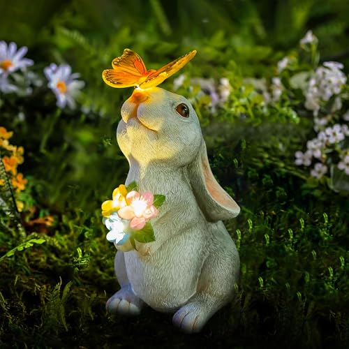 Editbar Solar Kaninchen Figuren Gartendeko für Draußen,Kaninchenlicht Terrassendekoration Osterhase mit Schmetterling,Geeignet für Zimmer im Freien Garten Balkon Terrassendekoration, Ostergeschenk von Editbar