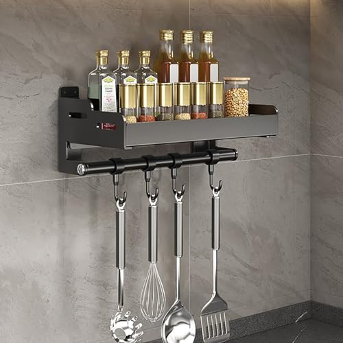 Edumov Gewürzregal, Küchenregal Wand ohne Bohren, Gewürzregal Hängend mit Küchenrollenhalter und Haken, Gewürzhalter, Metall Rostfrei Gewürz Organizer - Spice Rack, 30cm Schwarz von Edumov