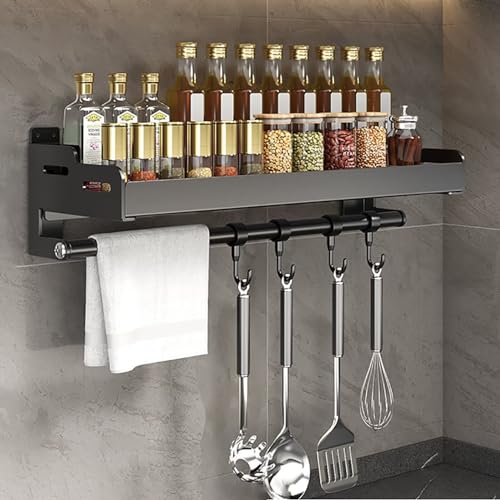 Edumov Gewürzregal, Küchenregal Wand ohne Bohren, Gewürzregal Hängend mit Küchenrollenhalter und Haken, Gewürzhalter, Metall Rostfrei Gewürz Organizer - Spice Rack, 50cm Schwarz von Edumov