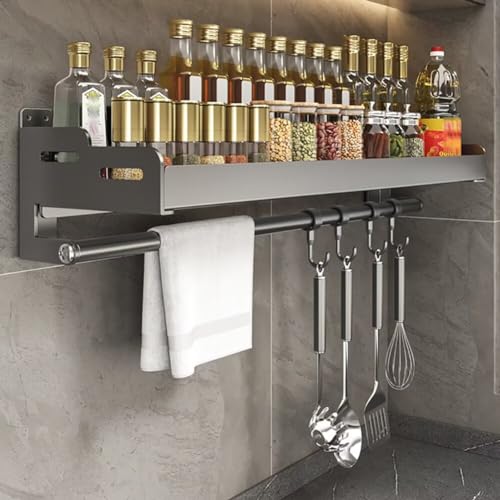 Edumov Gewürzregal, Küchenregal Wand ohne Bohren, Gewürzregal Hängend mit Küchenrollenhalter und Haken, Gewürzhalter, Metall Rostfrei Gewürz Organizer - Spice Rack, 60cm Grau von Edumov