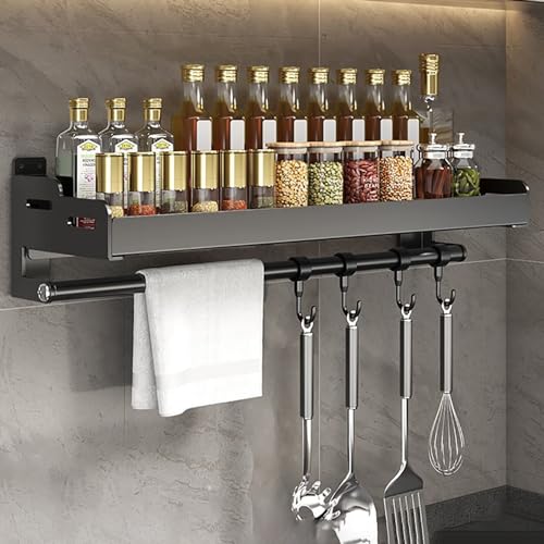 Edumov Gewürzregal, Küchenregal Wand ohne Bohren, Gewürzregal Hängend mit Küchenrollenhalter und Haken, Gewürzhalter, Metall Rostfrei Gewürz Organizer - Spice Rack, 60cm Schwarz von Edumov