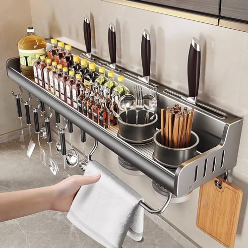 Edumov Gewürzregal Küchenregal Wand ohne Bohren, Gewürzregal Hängend mit Küchenutensilienhalter und Haken, Küchen-Organizer, Gewürzständer Schranktür für Küche Badezimmer Balkon(Gun Gray,40cm) Edumov Gewürzregal Küchenregal Wand ohne Bohren, Gewürzregal Hängend mit Küchenutensilienhalter und Haken, Küchen-Organizer, Gewürzständer Schranktür für Küche Badezimmer Balkon(Gun Gray,40cm) von Edumov