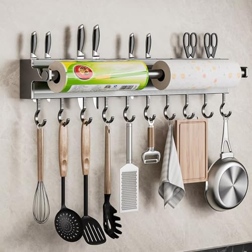 Edumov Küchenrollenhalter Ohne Bohren, Rollenhalter Küche, Küchenrollenhalter Wand, Selbstklebend oder Bohrbarer, Küchenrolle Halter, Küchenpapierhalter mit 10 Haken und 8 Messerhalter,50CM von Edumov