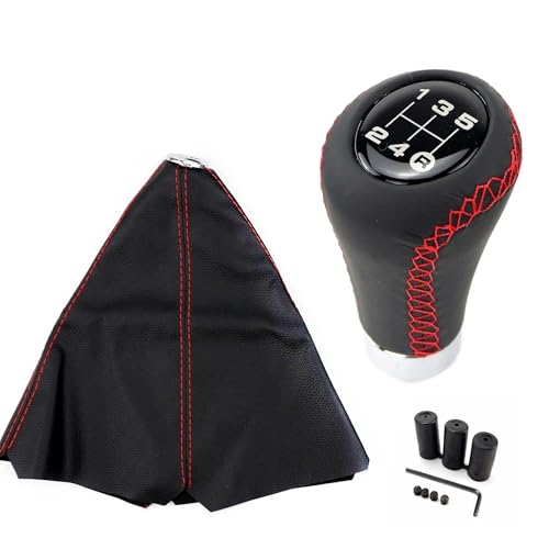 Eejghfwq Schaltknauf Universal Auto Schaltknauf Schalthebel + Manschette Set 5/6 Geschwindigkeit Manueller Schwarz Rote Linie Stitche PU Leder Schaltknaufkopf(5 speed Red Line) von Eejghfwq