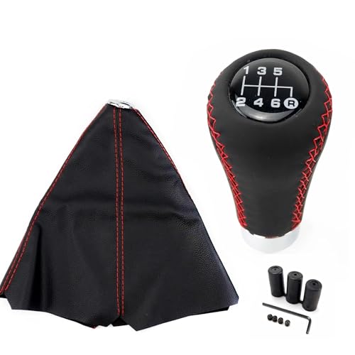 Eejghfwq Schaltknauf Universal Auto Schaltknauf Schalthebel + Manschette Set 5/6 Geschwindigkeit Manueller Schwarz Rote Linie Stitche PU Leder Schaltknaufkopf(6 speed Red Line) von Eejghfwq