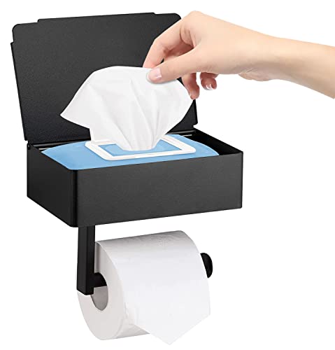 Eendoos Toilettenpapierhalter mit Feuchttücherbox, Mattschwarzer Wandhalterung Klorollenhalter, Papierrollenhalter aus Edelstahl, Rollenhalter für Küche und Badzimmer-Selbstklebend oder Bohren von Eendoos