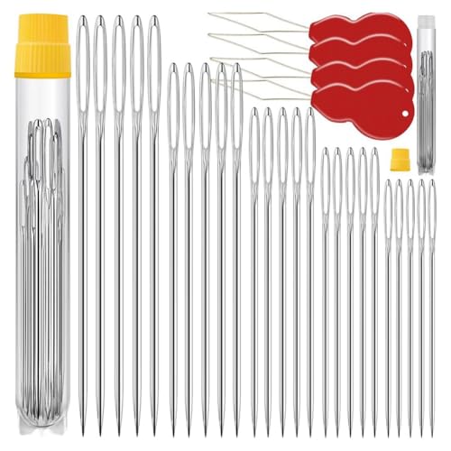 Eeuye 75er-Pack Premium-Nadeln mit Großem Öhr zum Handnähen mit 4 Nadeleinfädlern, Verschiedene Größen, Sticknadeln von Eeuye