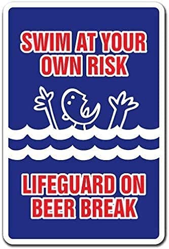 Eeypy Metal Signage Swimming at Your Own Risk Lifeguards Swim in The Resting Pool Area Warnschild Outdoor Blechschild Eisen Poster 20,3 x 30,5 cm von Eeypy