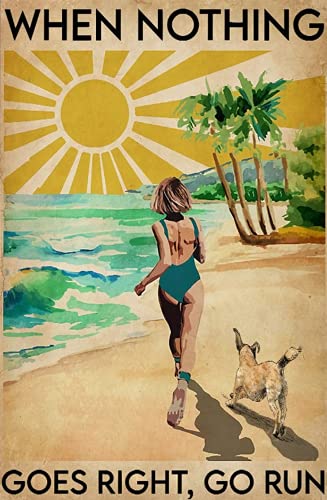 Eeypy Metall-Blechschild mit Aufschrift "Girl Running with Dog When Nothing Goes Right Go Run Girl", Sommer, Strand, Meer, Vintage, Wandschild von Eeypy