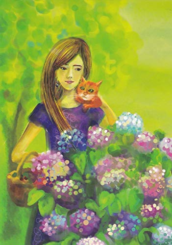 Eeypy Metallschild Kunst Blechmädchen mit Katze in Blumen im Sommer Wandkunst Poster Metallplaketten von Eeypy