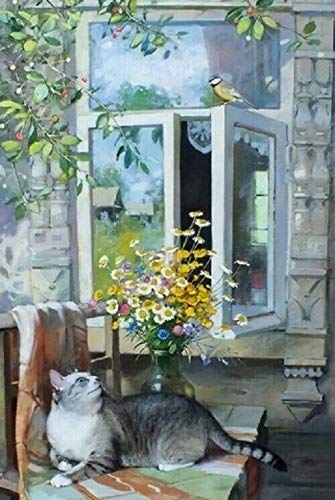 Eeypy Metallschild Sommerblumen Vögel Katze Fenster Metall Blechschild Poster Wandschild von Eeypy
