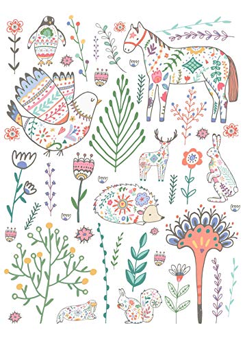 Eeypy Norwegische Volkskunst Boho Tiere Druck Kinderzimmer Mädchen Schlafzimmer Bauernhaus Kunst Metall Blechschild Poster Wandschild Metallschild Kunst Blechschild von Eeypy