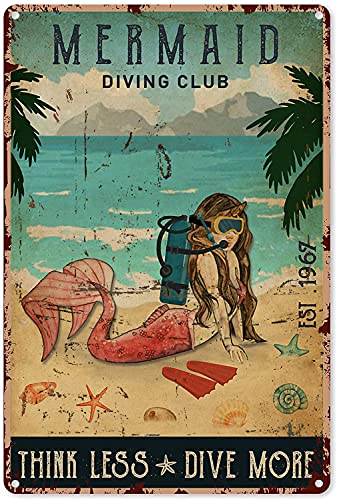 Eeypy Vintage Diving Club Schilder Meerjungfrau Diving Club Think Less Dive More Metallschild Dekor Vintage Blechschild Aluminiumschild Wandkunst Metallposter für Pool Party Haus Hof Garage 40,6 x von Eeypy