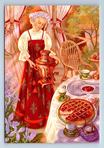 Retro Blechschild Metallschild Pretty Girl with Samowar Russian Cooking Ethnic Tea Time Rustikales Metalllogo mit Retro Look von Eeypy