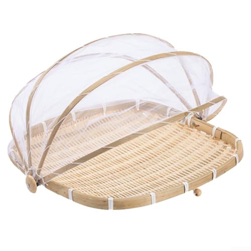 EffiFish Aufbewahrungskorb aus natürlichem Material mit Netzabdeckung für Obst und Brot, handgewebtes Tablett für Küchenorganisation oder Picknick-Einsatz im Freien (L) von EffiFish