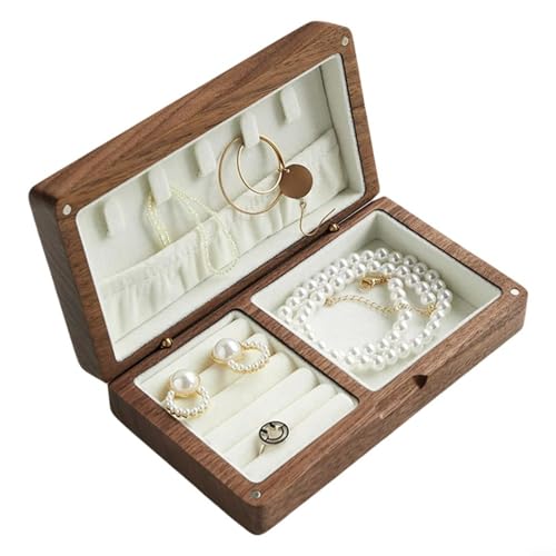 EffiFish Elegante Schmuckschatulle aus Holz, leicht, tragbar, Reise-Aufbewahrungskoffer mit weichem Flanellfutter für Uhren und Accessoires (Walnuss-Weiß) von EffiFish