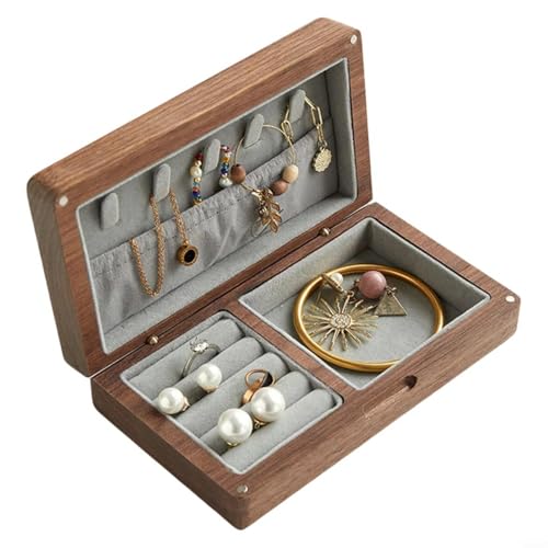 EffiFish Elegante Schmuckschatulle aus Holz, leicht, tragbar, Reise-Aufbewahrungskoffer mit weichem Flanellfutter für Uhren und Accessoires (Walnussgrau) von EffiFish