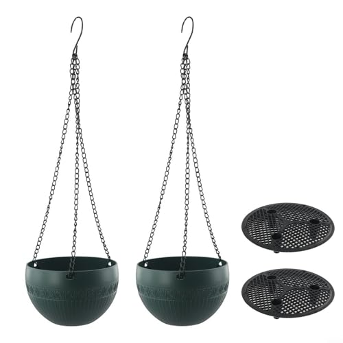 EffiFish Hängepflanzkorb-Set für den Außenbereich, Kunstharz, Pflanzgefäße mit Drainagelöchern, Eisenkettenaufhänger, dekorative Blumentöpfe, 2 Stück (S, dunkelgrün) von EffiFish