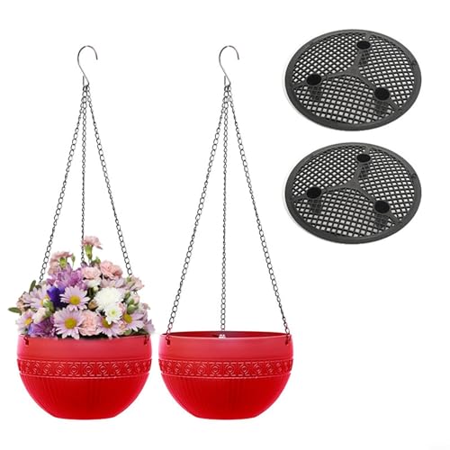 EffiFish Hängepflanzkorb-Set für den Außenbereich, Kunstharz, Pflanzgefäße mit Drainagelöchern, Eisenkettenaufhänger, dekorative Blumentöpfe, 2 Stück (S, rot) von EffiFish