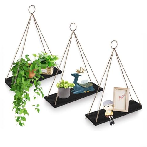 EffiFish Hängeregal aus Holz, rustikaler Stil, schwebendes Regal, Pflanzenregal, kompatibel für Badezimmer, Schlafzimmer, Wohnzimmer, Kinderzimmer, Garten (schwarz) von EffiFish