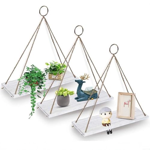 EffiFish Hängeregal aus Holz, rustikaler Stil, schwebendes Regal, Pflanzenregal, kompatibel für Badezimmer, Schlafzimmer, Wohnzimmer, Kinderzimmer, Garten (weiß) von EffiFish