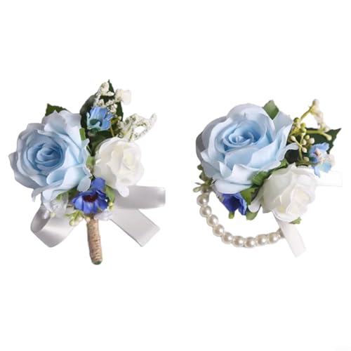 EffiFish Hochzeits-Corsage und Handgelenk-Blume, künstliche blaue Rose für Trauzeugen und Brautjungfern, Hochzeiten, Partys, elegante und charmante Handgelenk-Blumen-Corsage von EffiFish