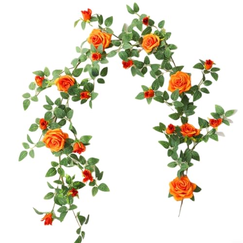 EffiFish Künstliche Rosengirlande, hängende Blumenranke, 1,8 m, Seidenblumen-Dekor für Hochzeit, Zuhause, Party, Rot, Rosa, Lila, Orange (Orange) von EffiFish