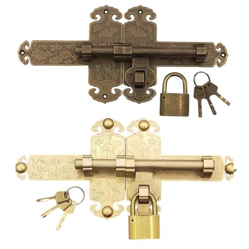 EffiFish Türriegel-Set aus antikem Messing, mit Lotus-Muster, Doppeltürriegel, Sicherheitsschloss-Set mit 3 Schlüsseln für Gartentor, Hauseingangstür (Messing) von EffiFish