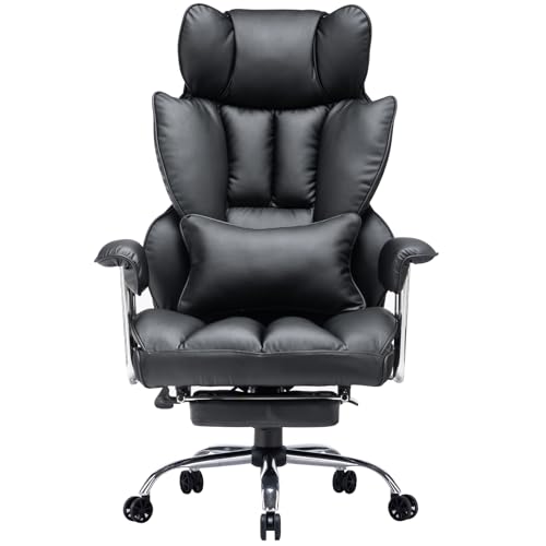 Efomao bürostuhl ergonomisch, PU Leder Chefsessel, bürostuhl 200 kg mit Fußstütze und Lendenwirbelstütze, Verstellbarer Stuhl mit hoher Rückenlehne, Schwarzer von Efomao