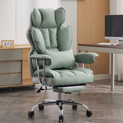 Efomao bürostuhl ergonomisch, PU Leder Chefsessel, bürostuhl 200 kg mit Fußstütze und Lendenwirbelstütze, Verstellbarer Stuhl mit hoher Rückenlehne, hellgrün von Efomao
