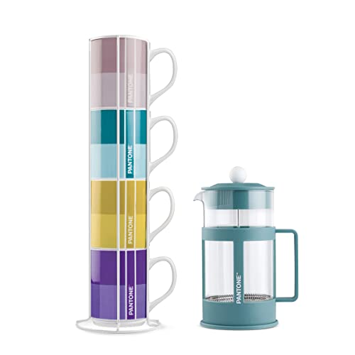 Egan Set mit 4 Mug Impil. mit Metalrack Pantone Linear + French Press Blau 1000 ml von Egan