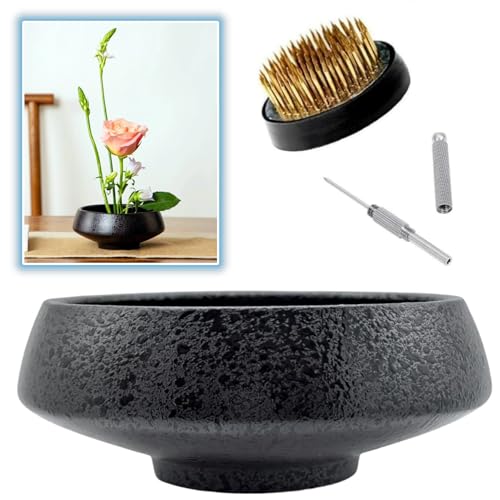 Eggone Japanisches Ikebana-Vasen-Set, Flacher Behälter aus Keramik, Blumenarrangement, Vase mit 4 cm Blumenfrosch und 2-in-1 Kenzan-Nadel-Glättungswerkzeug von Eggone