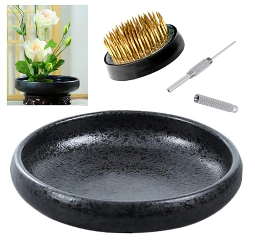 Japanisches Ikebana-Vasen-Set, flache Blumenbehälter, Keramik, Ikebana-Vase mit 4 cm Blumenfrosch und Blumenfrosch, Floristik, Kenzan-Nadel-Glättwerkzeug (gefrostete Schüssel A mit Punkten) von Eggone