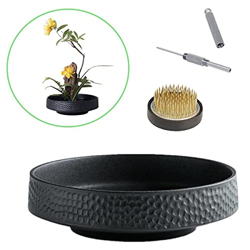 Japanisches Ikebana-Vasen-Set, Flache Blumenbehälter, Keramik, Ikebana-Vase mit 4 cm Blumenfrosch und Floristik, Blumenfrosch, Kenzan-Nadel-Glättwerkzeug (Hammermuster-Schale) von Eggone