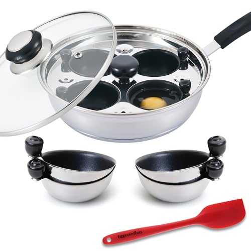 Eggssentials Eier-Pochierpfanne, antihaftbeschichtet, pochierte Eierbereiter, Edelstahl, Pochierpfanne, Pochierte Eier Herd, lebensmittelecht, PFOA-frei, mit Spatel von Eggssentials