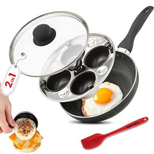Eggssentials 2-in-1-Eierpfanne und Eier-Pochierpfanne, Granit-Antihaft-Pfanne, pochierte Eierbereiter und Bratpfanne mit Deckel, pochierter Eierkocher, lebensmittelecht, PFOA-frei, mit Spatel, von Eggssentials