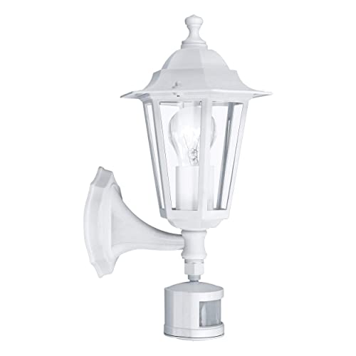EGLO Außen-Wandlampe Laterna 5, 1 flammige Außenleuchte inkl. Bewegungsmelder, Sensor-Wandleuchte aus Aluguss und Glas, Farbe: Weiß, Fassung: E27, IP44 von EGLO