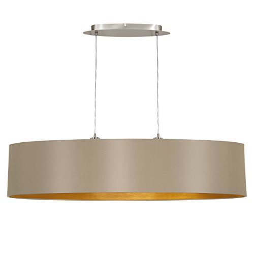 EGLO Pendellampe Maserlo, 2 flammige Textil Pendelleuchte, Hängeleuchte oval aus Metall in Silber und Stoff in Taupe, gold, E27 Fassung, L 100 cm von EGLO