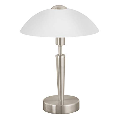 EGLO Tischleuchte Solo 1, 1 flammige Tischlampe, Nachttischlampe aus Metall in Silber und Glas in weiß satiniert, E14 Fassung, inkl. Touchdimmer von EGLO