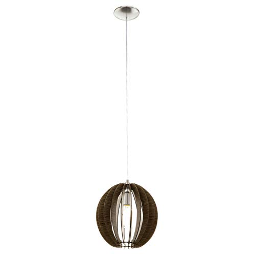 EGLO Pendelleuchte Cossano, 1 flammige Hängelampe Vintage, Hängeleuchte aus Stahl und Holz in Nickel-Matt, Dunkel-Braun, Esstischlampe, Wohnzimmerlampe hängend mit E27 Fassung, Ø 30 cm von EGLO