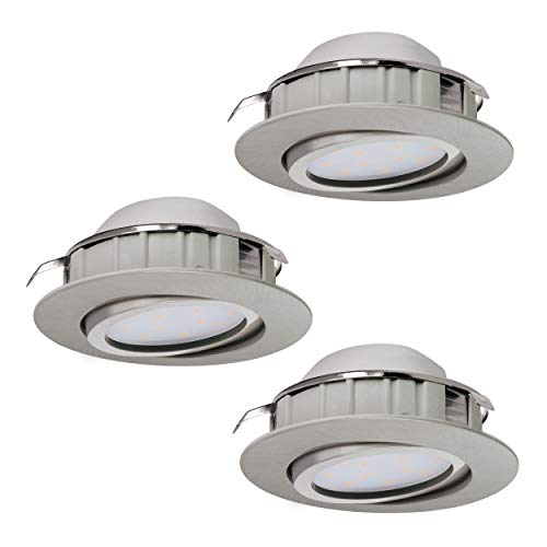 EGLO 3er-Set LED Einbaustrahler Pineda, LED Spots Set aus Kunststoff, 3 LED Einbauleuchten in Nickel-Matt, Einbaustrahler LED flach und schwenkbar, Ø 8,4 cm von EGLO