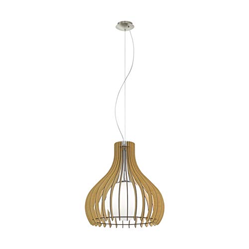 EGLO Pendelleuchte Tindori, 1 flammige Hängelampe Vintage, Hängeleuchte aus Stahl, Holz und Glas in Nickel-Matt, Ahorn, Weiß, Esstischlampe, Wohnzimmerlampe hängend mit E27 Fassung, Ø 50 cm von EGLO