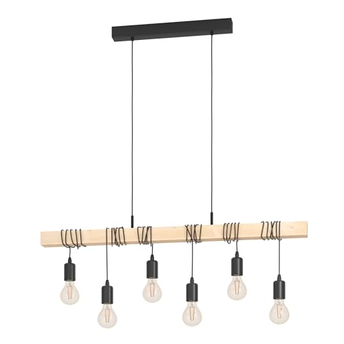 EGLO Pendellampe Townshend, 6 flammige Vintage Pendelleuchte im Industrial Design, Retro Hängelampe aus Stahl und Holz, Farbe: Schwarz, braun, Fassung: E27 von EGLO