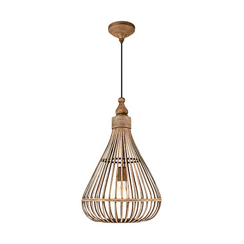EGLO Pendelleuchte Amsfield, 1 flammige Hängelampe Vintage, Natur, Boho, Hygge, Hängeleuchte aus Stahl, Holz in Naturfarben, Esstischlampe, Wohnzimmerlampe hängend mit E27 Fassung, Ø 35 cm von EGLO