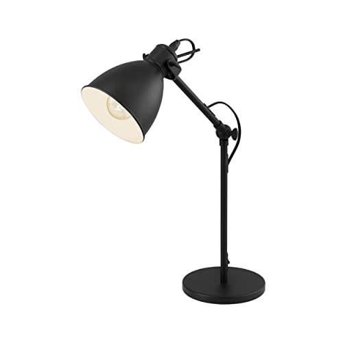 EGLO Tischlampe Priddy, 1 flammige Vintage Tischleuchte im Industrial Design, Retro Lampe, Nachttischlampe aus Stahl, Farbe: Schwarz, weiß, Fassung: E27, inkl. Schalter von EGLO