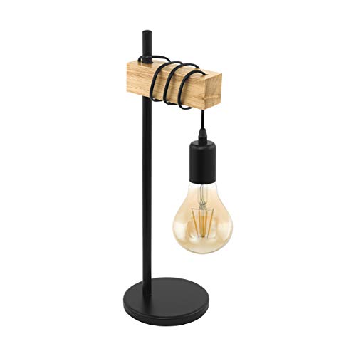 EGLO Tischlampe Townshend, 1 flammige Vintage Tischleuchte im Industrial Design, Retro Lampe, Nachttischlampe aus Stahl und Holz, Farbe: Schwarz, braun, Fassung: E27, inkl. Schalter von EGLO