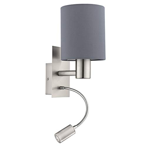 EGLO Wandlampe Pasteri, 2-flammige Textil Wandleuchte mit LED Leselicht, Leselampea aus Metall in Silber und Stoff in Grau, E27 Fassung EGLO Wandlampe Pasteri, 2-flammige Textil Wandleuchte mit LED Leselicht, Leselampea aus Metall in Silber und Stoff in Grau, E27 Fassung von EGLO