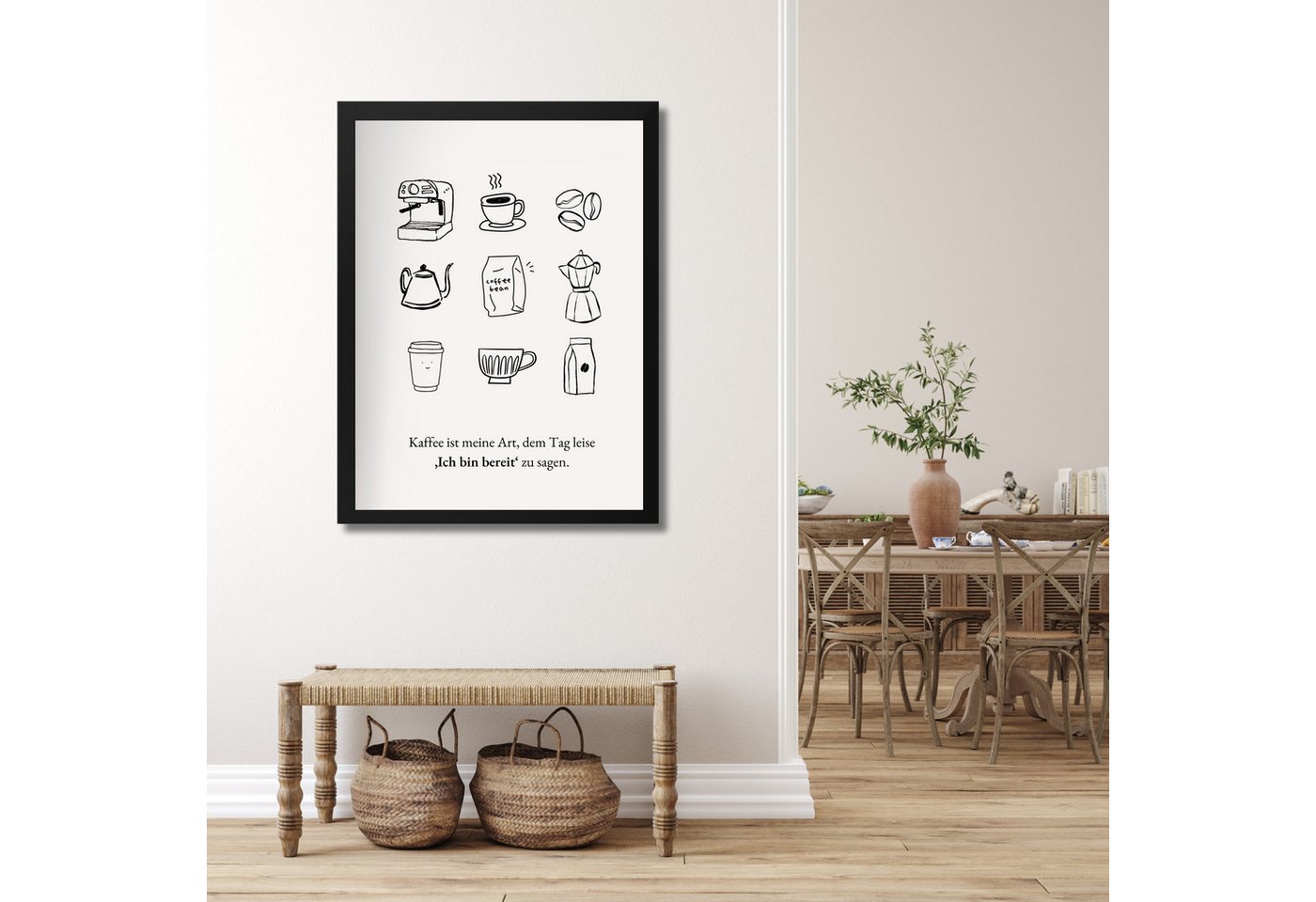 Egn Home Poster Kaffee-Poster mit Spruch „Ich bin bereit“ – Typografie Wandbild, (30x40 cm – ideal für Küche, Wohnzimmer, Flur oder Büro), hochwertiger Druck mit stilvollem Rahmen in Schwarz oder Weiß. von Egn Home